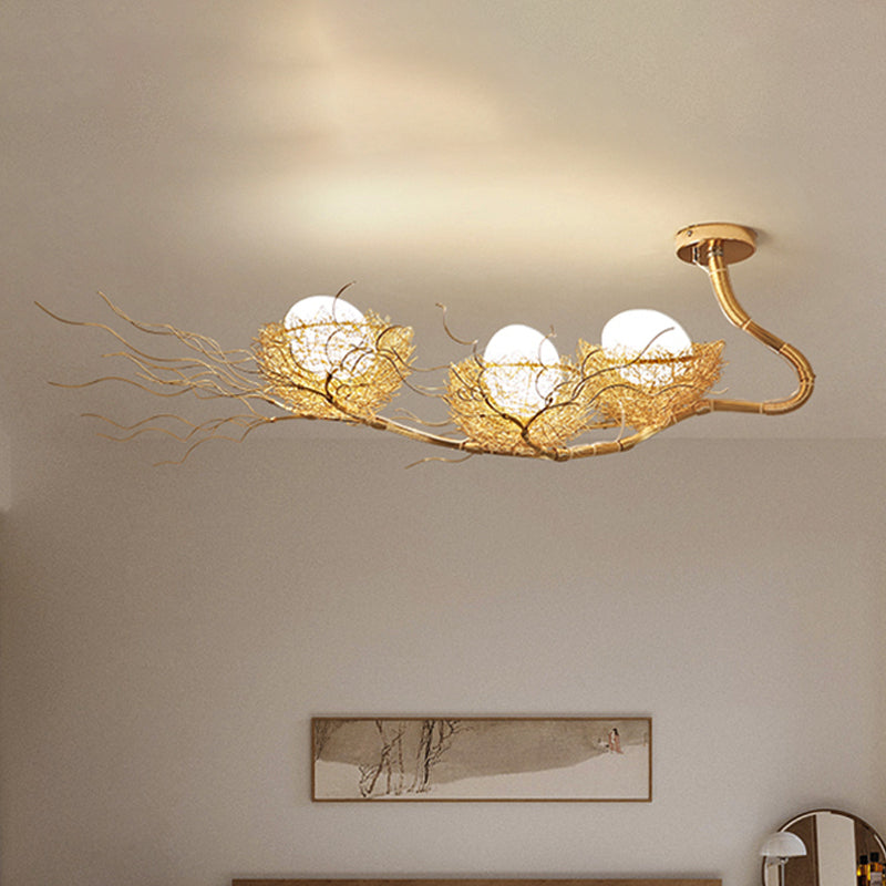 White Sphere Ceiling Chandelier Rustic 3 Lights Closed Glass Hanging Pendant Light with Gold Nest Gold Clearhalo 'Ceiling Lights' 'Chandeliers' Lighting' options 218191_97d126fa-e66d-49ed-885a-31264f82139c