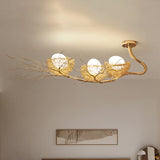 White Sphere Ceiling Chandelier Rustic 3 Lights Closed Glass Hanging Pendant Light with Gold Nest Clearhalo 'Ceiling Lights' 'Chandeliers' Lighting' options 218191