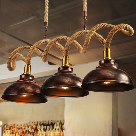 3 Lights Dome Island Light Vintage Rust Finish Metallic Hanging Lamp Kit with Twist Rope Cord Rust Clearhalo 'Ceiling Lights' 'Island Lights' Lighting' 2181968