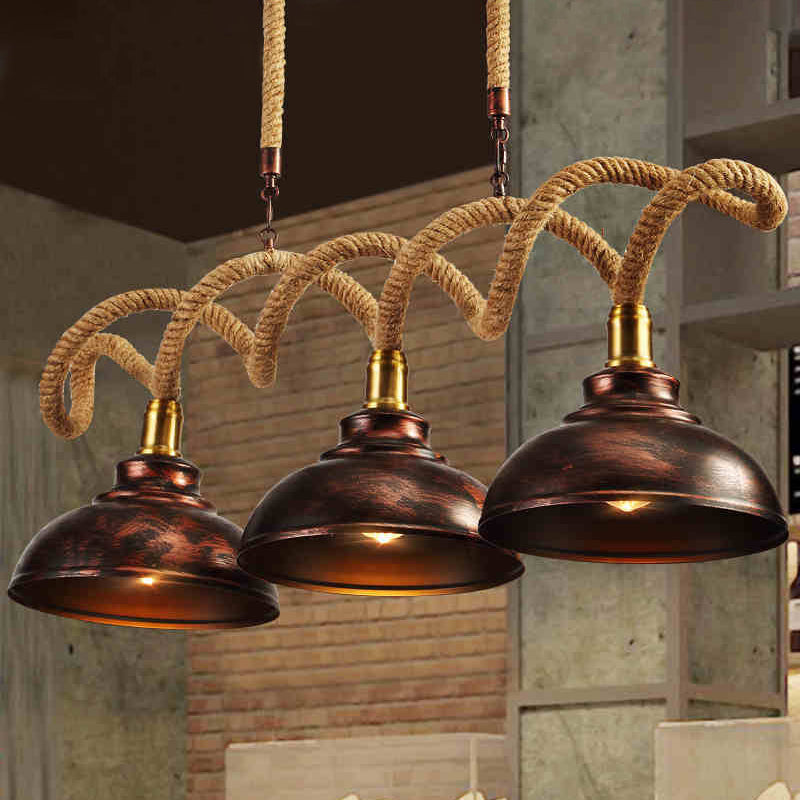 3 Lights Dome Island Light Vintage Rust Finish Metallic Hanging Lamp Kit with Twist Rope Cord Clearhalo 'Ceiling Lights' 'Island Lights' Lighting' 2181969