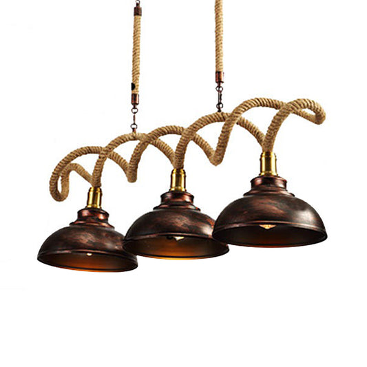 3 Lights Dome Island Light Vintage Rust Finish Metallic Hanging Lamp Kit with Twist Rope Cord Clearhalo 'Ceiling Lights' 'Island Lights' Lighting' 2181971