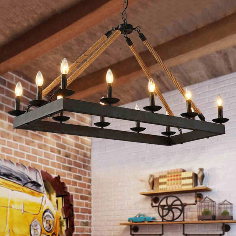 10 Heads Rope Hanging Island Light Industrial Rectangle Metal Hanging Lamp in Black with Candle Design Black Clearhalo 'Ceiling Lights' 'Island Lights' Lighting' 2181977