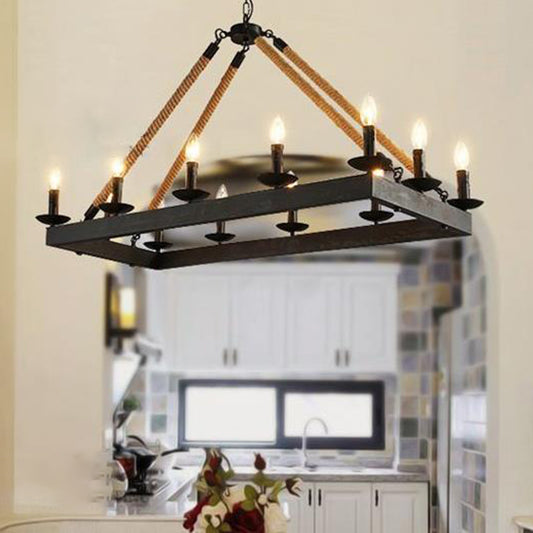 10 Heads Rope Hanging Island Light Industrial Rectangle Metal Hanging Lamp in Black with Candle Design Clearhalo 'Ceiling Lights' 'Island Lights' Lighting' 2181978
