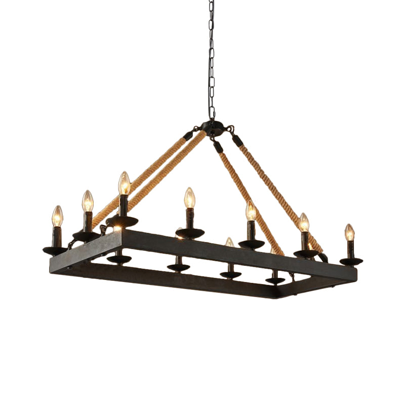 10 Heads Rope Hanging Island Light Industrial Rectangle Metal Hanging Lamp in Black with Candle Design Clearhalo 'Ceiling Lights' 'Island Lights' Lighting' 2181979