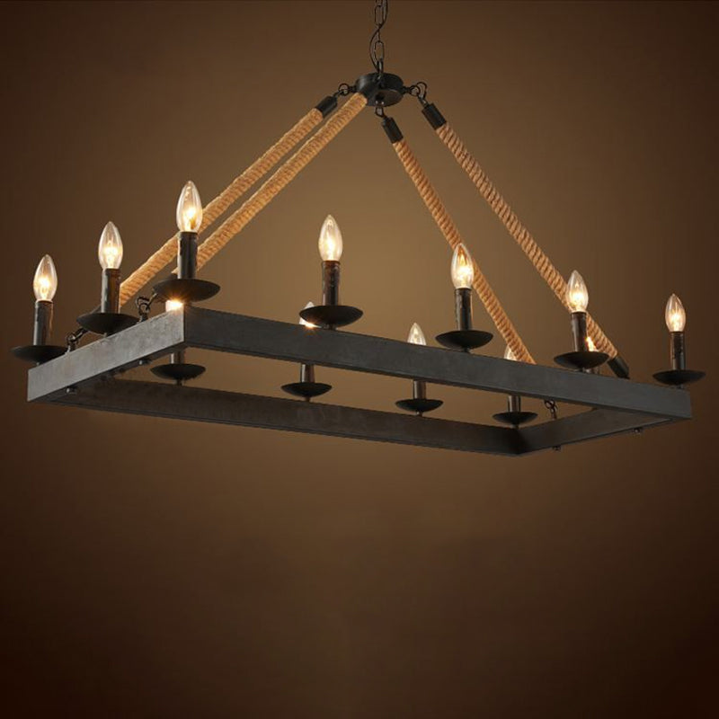 10 Heads Rope Hanging Island Light Industrial Rectangle Metal Hanging Lamp in Black with Candle Design Clearhalo 'Ceiling Lights' 'Island Lights' Lighting' 2181980