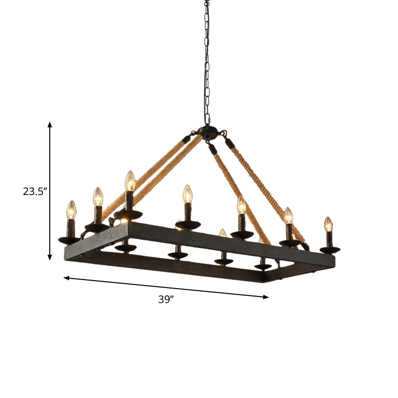 10 Heads Rope Hanging Island Light Industrial Rectangle Metal Hanging Lamp in Black with Candle Design Clearhalo 'Ceiling Lights' 'Island Lights' Lighting' 2181981