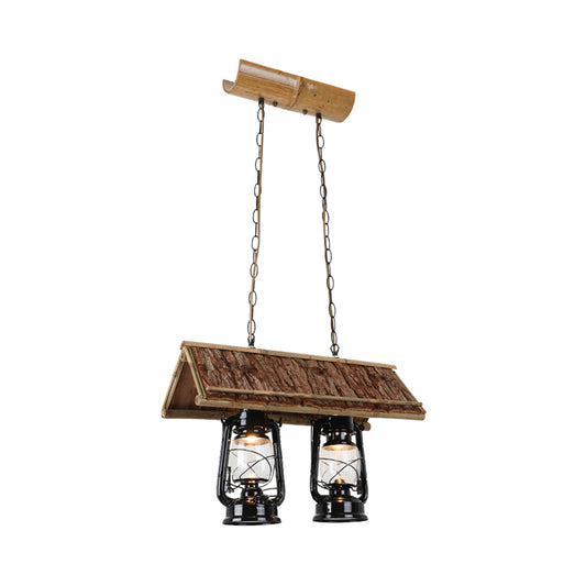 Kerosene Clear Glass Island Pendant Farmhouse 2-Light Restaurant Iron Hanging Light Fixture in Black with Wood Roof Deco Black Clearhalo 'Ceiling Lights' 'Close To Ceiling Lights' 'Glass shade' 'Glass' 'Island Lights' Lighting' 2181987