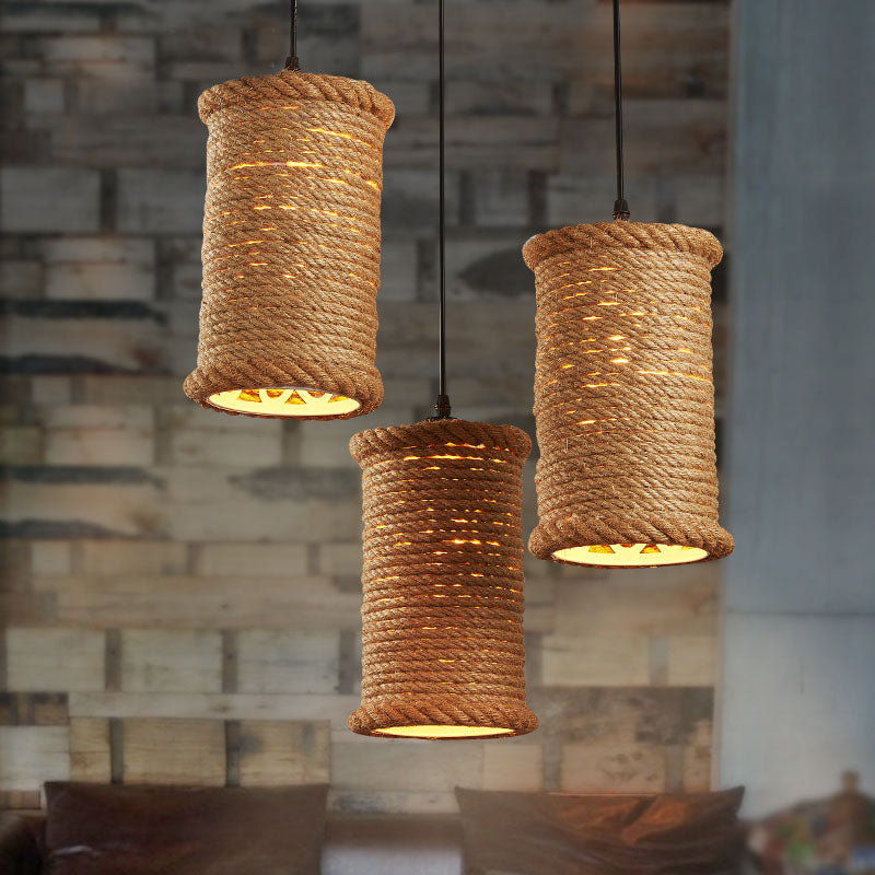 Brown Cylinder Cluster Pendant Light Loft Rope 3 Heads Dining Room Ceiling Fixture with Round/Linear Canopy Clearhalo 'Ceiling Lights' 'Industrial Pendants' 'Industrial' 'Middle Century Pendants' 'Pendant Lights' 'Pendants' 'Tiffany' Lighting' 2181995