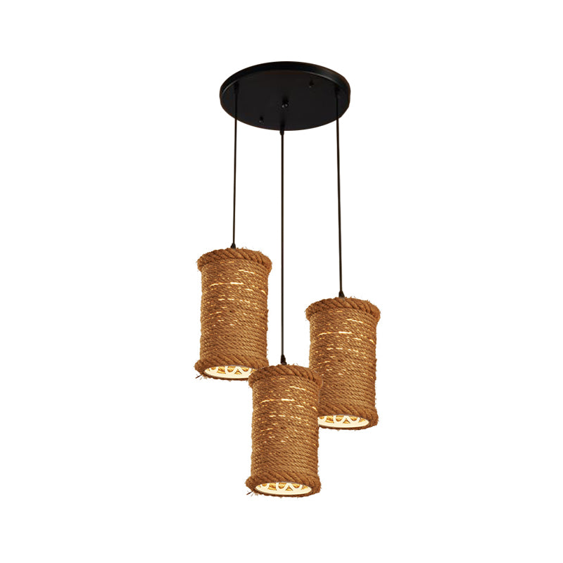 Brown Cylinder Cluster Pendant Light Loft Rope 3 Heads Dining Room Ceiling Fixture with Round/Linear Canopy Clearhalo 'Ceiling Lights' 'Industrial Pendants' 'Industrial' 'Middle Century Pendants' 'Pendant Lights' 'Pendants' 'Tiffany' Lighting' 2181996