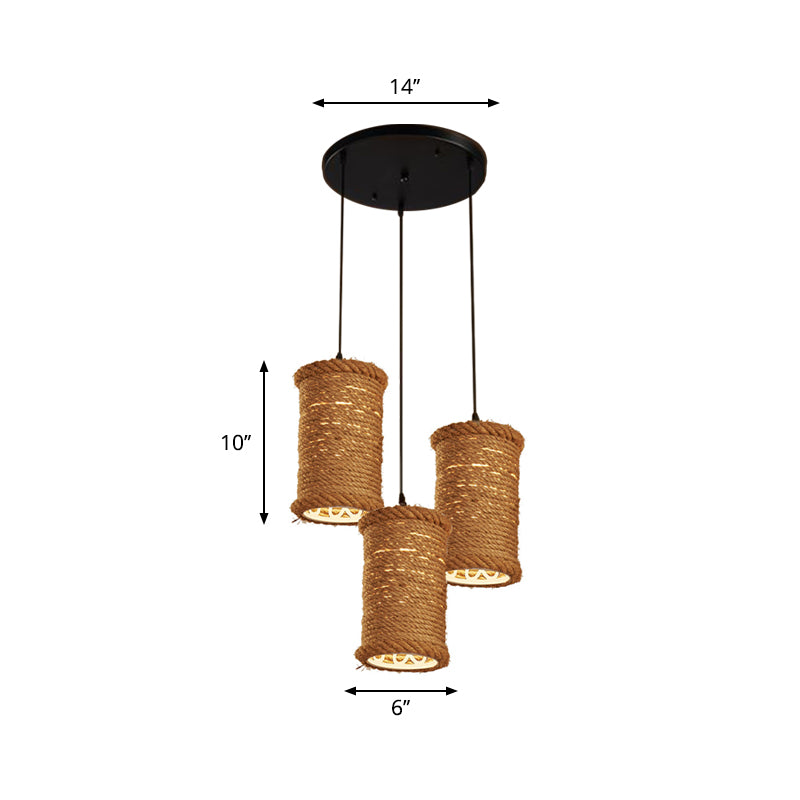 Brown Cylinder Cluster Pendant Light Loft Rope 3 Heads Dining Room Ceiling Fixture with Round/Linear Canopy Clearhalo 'Ceiling Lights' 'Industrial Pendants' 'Industrial' 'Middle Century Pendants' 'Pendant Lights' 'Pendants' 'Tiffany' Lighting' 2181998