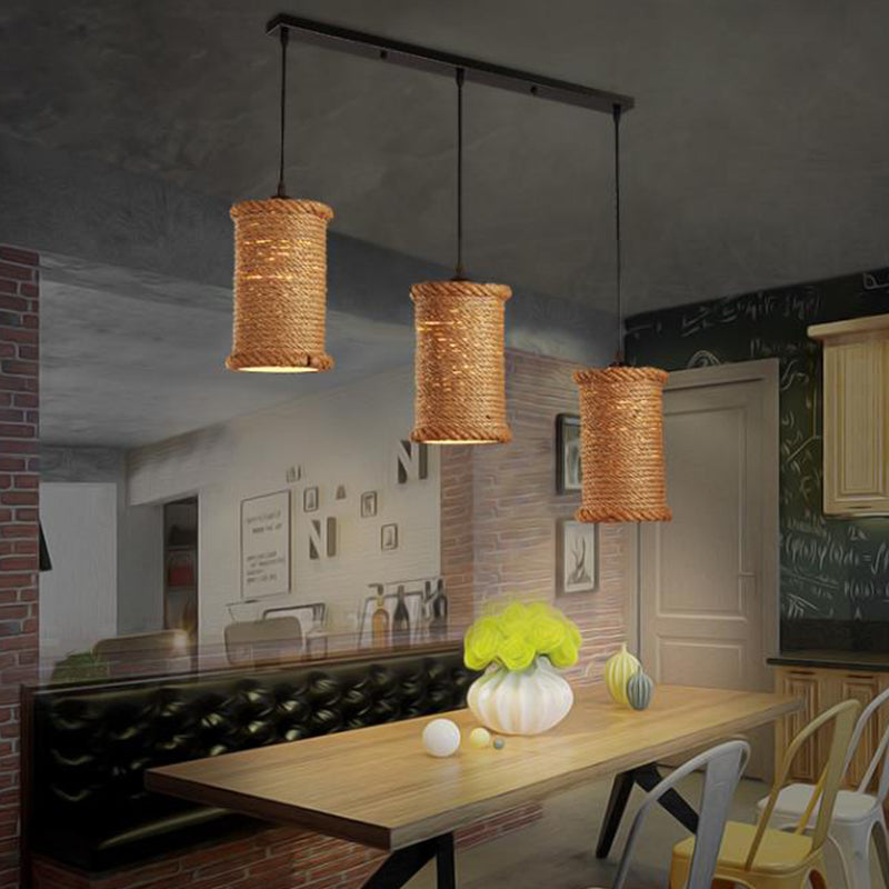 Brown Cylinder Cluster Pendant Light Loft Rope 3 Heads Dining Room Ceiling Fixture with Round/Linear Canopy Brown Linear Clearhalo 'Ceiling Lights' 'Industrial Pendants' 'Industrial' 'Middle Century Pendants' 'Pendant Lights' 'Pendants' 'Tiffany' Lighting' 2181999