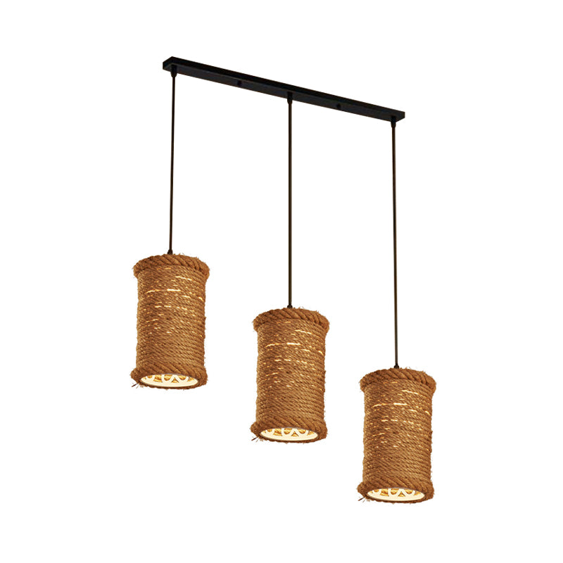 Brown Cylinder Cluster Pendant Light Loft Rope 3 Heads Dining Room Ceiling Fixture with Round/Linear Canopy Clearhalo 'Ceiling Lights' 'Industrial Pendants' 'Industrial' 'Middle Century Pendants' 'Pendant Lights' 'Pendants' 'Tiffany' Lighting' 2182000