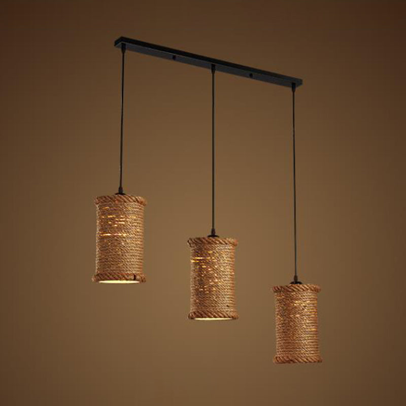 Brown Cylinder Cluster Pendant Light Loft Rope 3 Heads Dining Room Ceiling Fixture with Round/Linear Canopy Clearhalo 'Ceiling Lights' 'Industrial Pendants' 'Industrial' 'Middle Century Pendants' 'Pendant Lights' 'Pendants' 'Tiffany' Lighting' 2182001