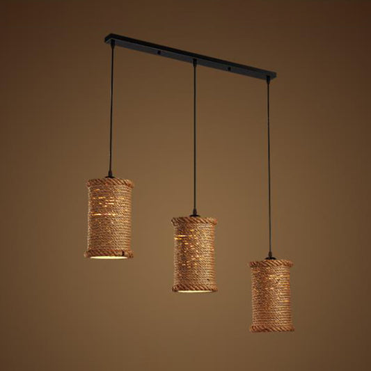 Brown Cylinder Cluster Pendant Light Loft Rope 3 Heads Dining Room Ceiling Fixture with Round/Linear Canopy Clearhalo 'Ceiling Lights' 'Industrial Pendants' 'Industrial' 'Middle Century Pendants' 'Pendant Lights' 'Pendants' 'Tiffany' Lighting' 2182001