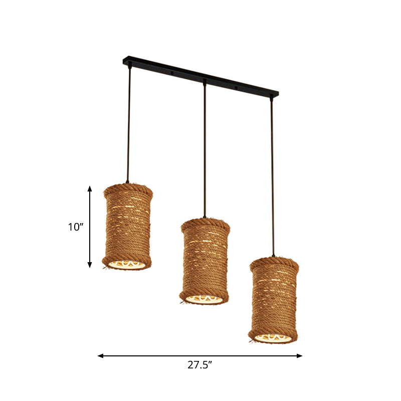 Brown Cylinder Cluster Pendant Light Loft Rope 3 Heads Dining Room Ceiling Fixture with Round/Linear Canopy Clearhalo 'Ceiling Lights' 'Industrial Pendants' 'Industrial' 'Middle Century Pendants' 'Pendant Lights' 'Pendants' 'Tiffany' Lighting' 2182002