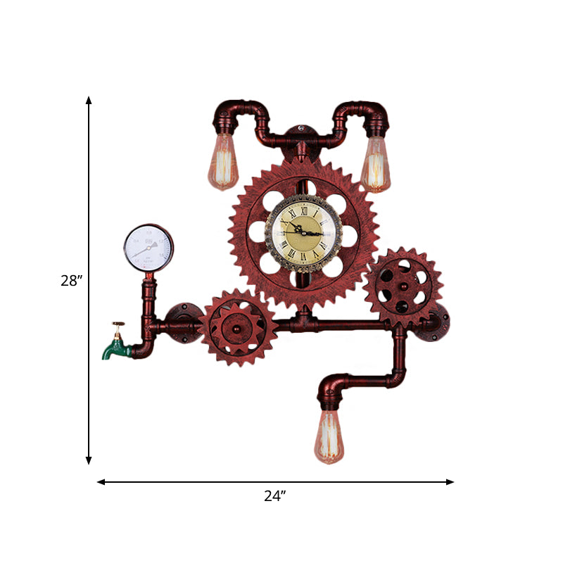 Rust Open Bulb Wall Lighting Factory Metal 2/3-Light Restaurant Sconce with Pipe and Gear Design Clearhalo 'Art deco wall lights' 'Cast Iron' 'Glass' 'Industrial wall lights' 'Industrial' 'Middle century wall lights' 'Modern' 'Rustic wall lights' 'Tiffany' 'Traditional wall lights' 'Wall Lamps & Sconces' 'Wall Lights' Lighting' 2182065
