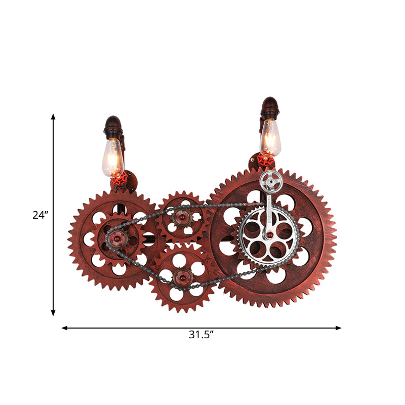 Rust Open Bulb Wall Lighting Factory Metal 2/3-Light Restaurant Sconce with Pipe and Gear Design Clearhalo 'Art deco wall lights' 'Cast Iron' 'Glass' 'Industrial wall lights' 'Industrial' 'Middle century wall lights' 'Modern' 'Rustic wall lights' 'Tiffany' 'Traditional wall lights' 'Wall Lamps & Sconces' 'Wall Lights' Lighting' 2182073