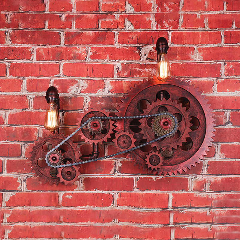 Rust Open Bulb Wall Lighting Factory Metal 2/3-Light Restaurant Sconce with Pipe and Gear Design Clearhalo 'Art deco wall lights' 'Cast Iron' 'Glass' 'Industrial wall lights' 'Industrial' 'Middle century wall lights' 'Modern' 'Rustic wall lights' 'Tiffany' 'Traditional wall lights' 'Wall Lamps & Sconces' 'Wall Lights' Lighting' 2182074