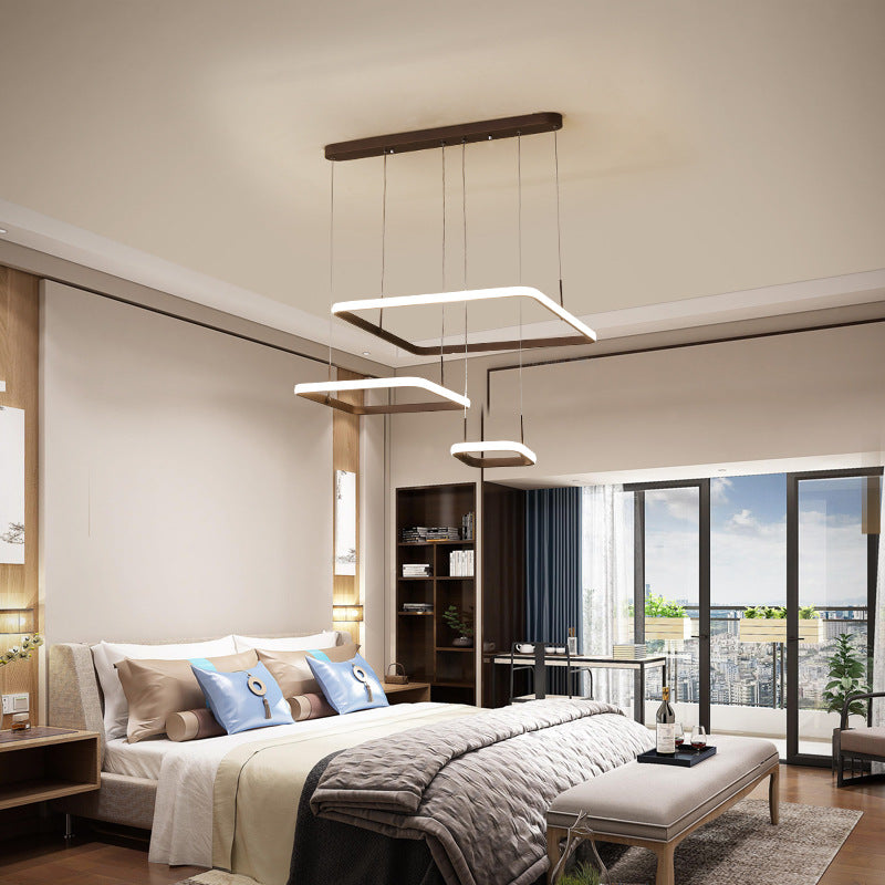 Modern 2/3/5 Heads Chandelier Lamp Brown Rectangle Suspension Light with Acrylic Shade in White/Warm/Natural Light 3 Brown Clearhalo 'Ceiling Lights' 'Chandeliers' 'Modern Chandeliers' 'Modern' Lighting' 218208