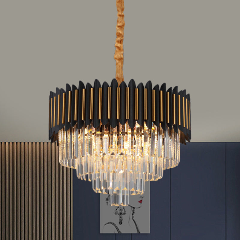 Simplicity 6/12-Bulb Hanging Chandelier Black and Gold Conic Pendant Light Fixture with Clear Crystal Block Shade Clearhalo 'Ceiling Lights' 'Chandeliers' 'Modern Chandeliers' 'Modern' Lighting' 2182110