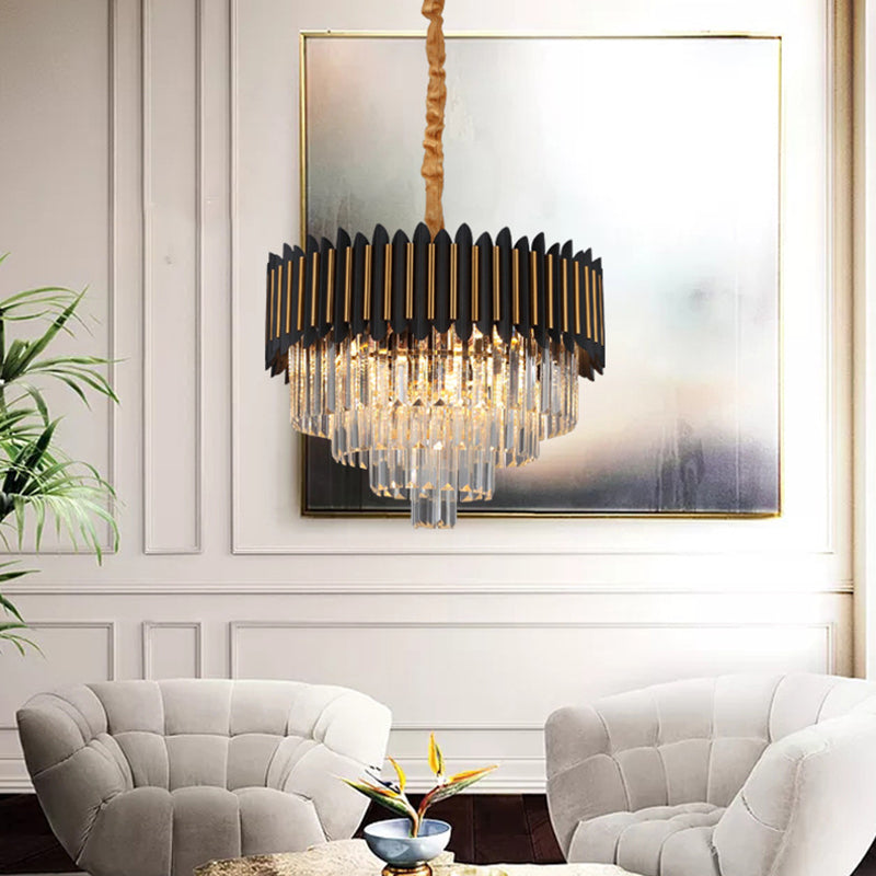 Simplicity 6/12-Bulb Hanging Chandelier Black and Gold Conic Pendant Light Fixture with Clear Crystal Block Shade 6 Black-Gold Clearhalo 'Ceiling Lights' 'Chandeliers' 'Modern Chandeliers' 'Modern' Lighting' 2182111