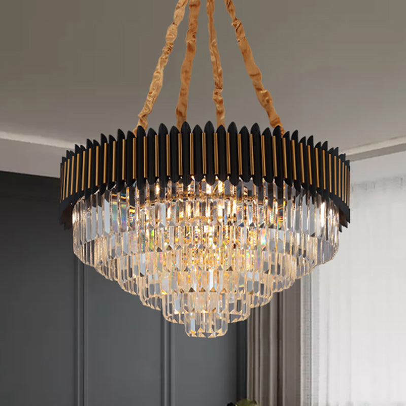 Simplicity 6/12-Bulb Hanging Chandelier Black and Gold Conic Pendant Light Fixture with Clear Crystal Block Shade 12 Black-Gold Clearhalo 'Ceiling Lights' 'Chandeliers' 'Modern Chandeliers' 'Modern' Lighting' 2182114