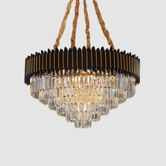 Simplicity 6/12-Bulb Hanging Chandelier Black and Gold Conic Pendant Light Fixture with Clear Crystal Block Shade Clearhalo 'Ceiling Lights' 'Chandeliers' 'Modern Chandeliers' 'Modern' Lighting' 2182117