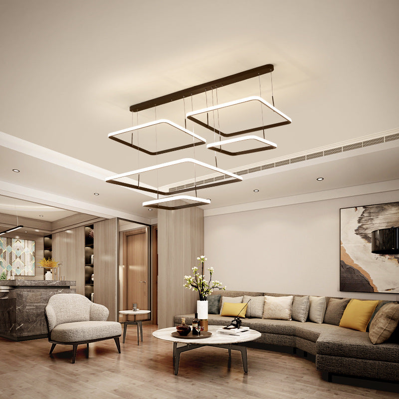 Modern 2/3/5 Heads Chandelier Lamp Brown Rectangle Suspension Light with Acrylic Shade in White/Warm/Natural Light 5 Brown Clearhalo 'Ceiling Lights' 'Chandeliers' 'Modern Chandeliers' 'Modern' Lighting' 218212