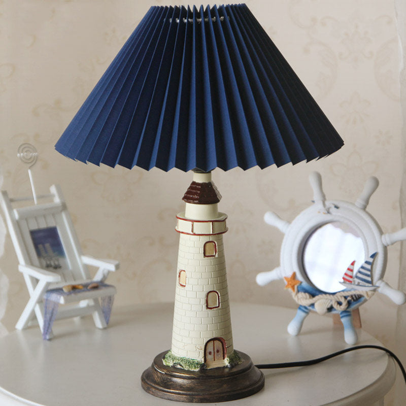 Folded Conical Table Light Contemporary Style Fabric 1 Light Blue/Red Table Lamp with Resin Tower Base for Children Room Clearhalo 'Lamps' 'Table Lamps' Lighting' 218228