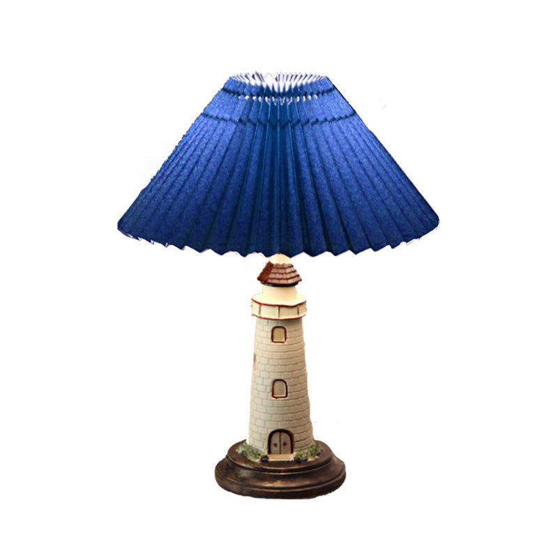 Folded Conical Table Light Contemporary Style Fabric 1 Light Blue/Red Table Lamp with Resin Tower Base for Children Room Clearhalo 'Lamps' 'Table Lamps' Lighting' 218229