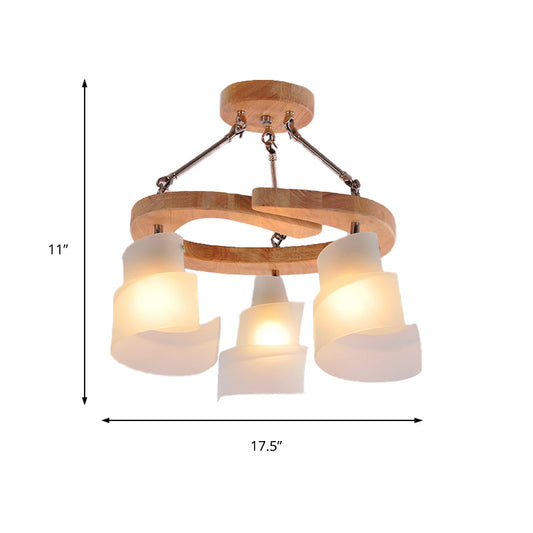 3/5 Bulbs Spiral Chandelier Nordic Frosted Glass Hanging Pendant Light with Wood Circle Shade Clearhalo 'Ceiling Lights' 'Chandeliers' 'Close To Ceiling Lights' 'Glass shade' 'Glass' Lighting' 218237