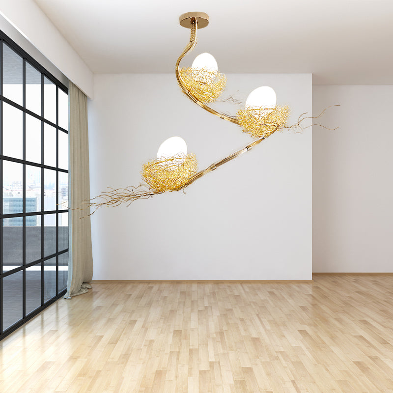 1/2/3 Lights Living Room Chandelier Artistry Golden Pendant Light Fixture with Egg Matte White Glass Shade Clearhalo 'Ceiling Lights' 'Chandeliers' Lighting' options 218279