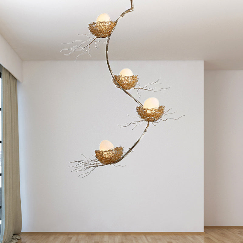 1/2/3 Lights Living Room Chandelier Artistry Golden Pendant Light Fixture with Egg Matte White Glass Shade 4 Gold Clearhalo 'Ceiling Lights' 'Chandeliers' Lighting' options 218292_677880c7-bed5-409d-b2fd-ae21da4727e3