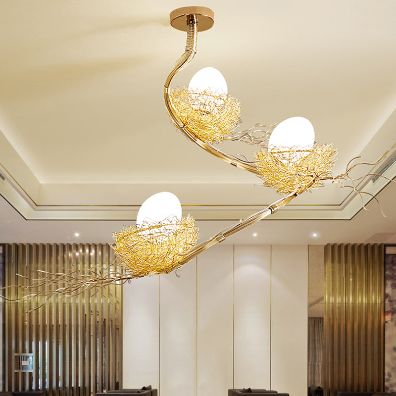 1/2/3 Lights Living Room Chandelier Artistry Golden Pendant Light Fixture with Egg Matte White Glass Shade 3 Gold Clearhalo 'Ceiling Lights' 'Chandeliers' Lighting' options 218293_da517dae-4e70-4d88-bc4a-8922eaafb5eb