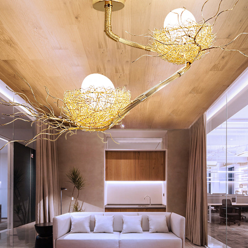 1/2/3 Lights Living Room Chandelier Artistry Golden Pendant Light Fixture with Egg Matte White Glass Shade 2 Gold Clearhalo 'Ceiling Lights' 'Chandeliers' Lighting' options 218294_c9aa4663-59b5-4690-b539-8e8fb94dbf3d
