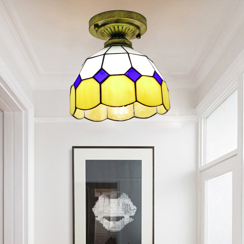 1 Head Flush Mount Light Classic Bell Shade Gridded Glass Semi Flush Ceiling Light Yellow 8" Clearhalo 'Ceiling Lights' 'Close To Ceiling Lights' 'Lighting' 2186402_512249d2-391e-478c-a098-8dce73336d37