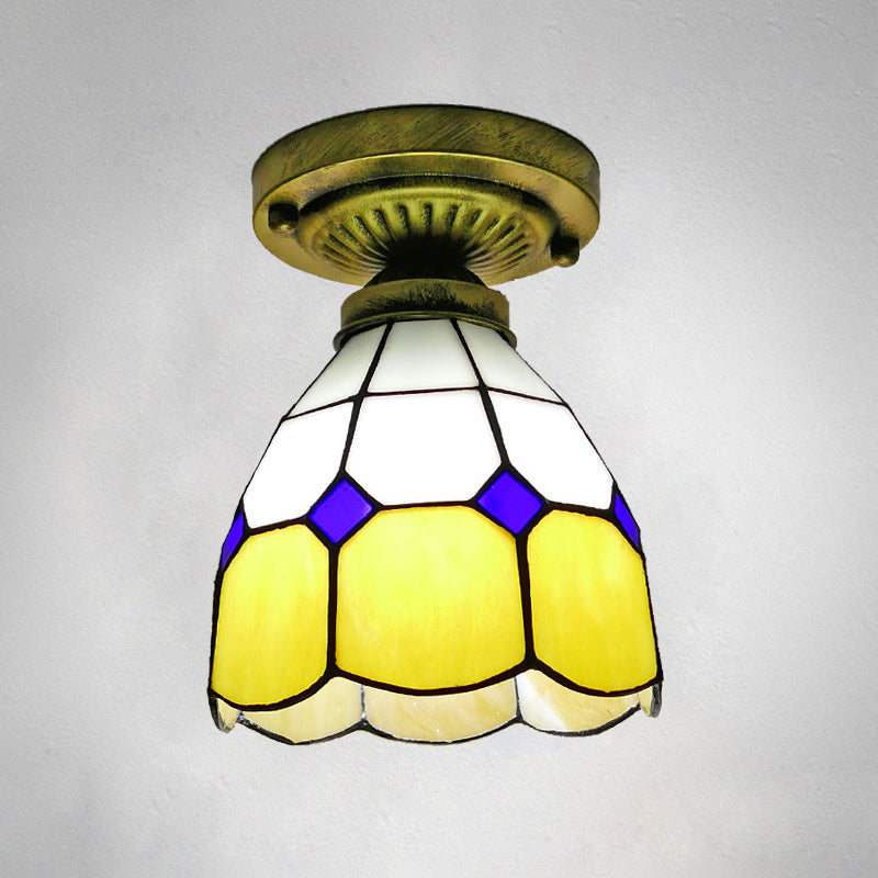 1��Head Flush Mount Light Classic Bell Shade Gridded Glass Semi Flush Ceiling Light Yellow 6" Clearhalo 'Ceiling Lights' 'Close To Ceiling Lights' 'Close to ceiling' 'Glass shade' 'Glass' 'Semi-flushmount' 'Tiffany close to ceiling' 'Tiffany' Lighting' 2186404