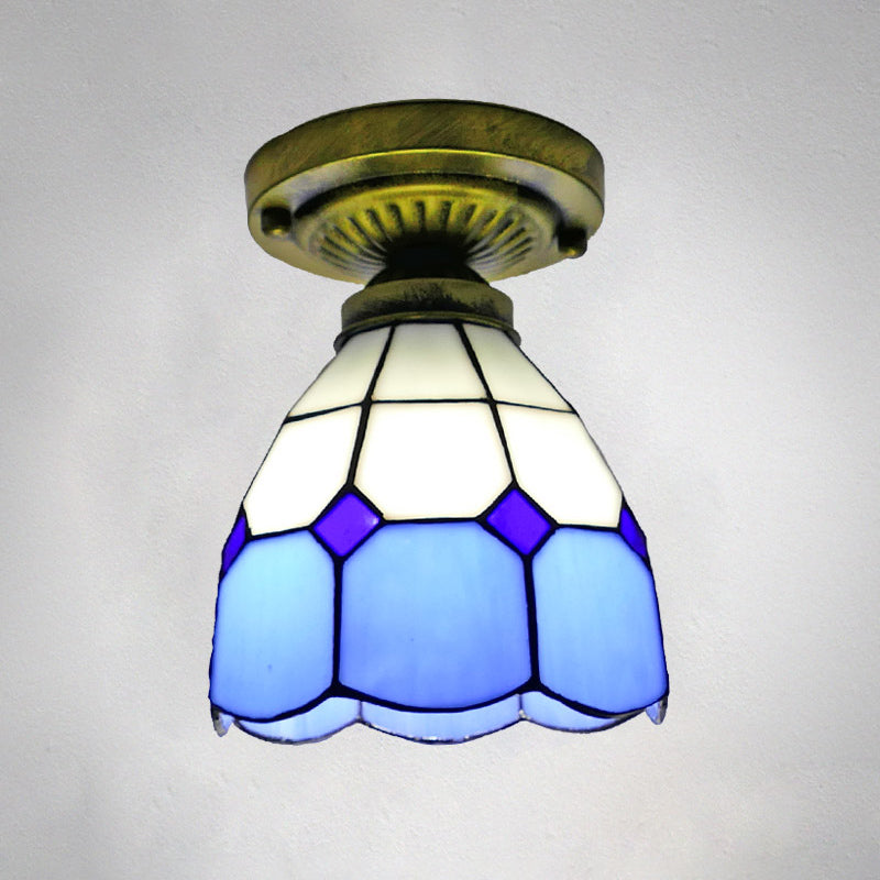 1��Head Flush Mount Light Classic Bell Shade Gridded Glass Semi Flush Ceiling Light Blue 6" Clearhalo 'Ceiling Lights' 'Close To Ceiling Lights' 'Close to ceiling' 'Glass shade' 'Glass' 'Semi-flushmount' 'Tiffany close to ceiling' 'Tiffany' Lighting' 2186407