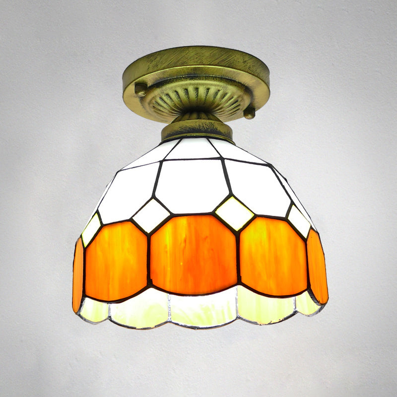 1 Head Flush Mount Light Classic Bell Shade Gridded Glass Semi Flush Ceiling Light Orange 8" Clearhalo 'Ceiling Lights' 'Close To Ceiling Lights' 'Lighting' 2186411_2108dae7-d4af-467b-b3a1-3ababf5857fe