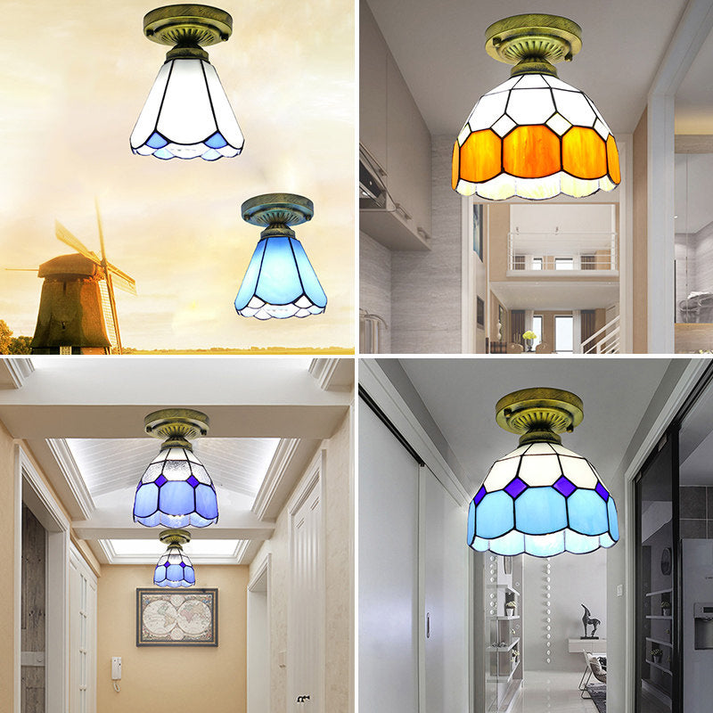 1 Head Flush Mount Light Classic Bell Shade Gridded Glass Semi Flush Ceiling Light Clearhalo 'Ceiling Lights' 'Close To Ceiling Lights' 'Lighting' 2186412_b1fd8bc1-61a2-449e-9c04-c63dc6e3ebb3