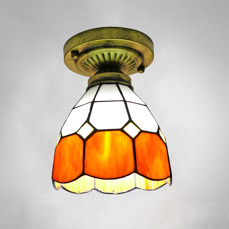 1 Head Flush Mount Light Classic Bell Shade Gridded Glass Semi Flush Ceiling Light Orange 6" Clearhalo 'Ceiling Lights' 'Close To Ceiling Lights' 'Lighting' 2186413_4d04dbef-7563-4781-8f24-d2469cd7c65c