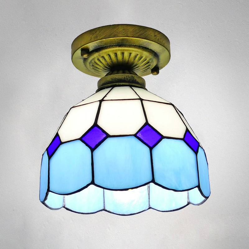 1��Head Flush Mount Light Classic Bell Shade Gridded Glass Semi Flush Ceiling Light Sky Blue 8" Clearhalo 'Ceiling Lights' 'Close To Ceiling Lights' 'Close to ceiling' 'Glass shade' 'Glass' 'Semi-flushmount' 'Tiffany close to ceiling' 'Tiffany' Lighting' 2186414