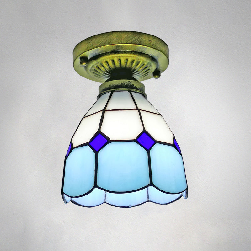 1��Head Flush Mount Light Classic Bell Shade Gridded Glass Semi Flush Ceiling Light Sky Blue 6" Clearhalo 'Ceiling Lights' 'Close To Ceiling Lights' 'Close to ceiling' 'Glass shade' 'Glass' 'Semi-flushmount' 'Tiffany close to ceiling' 'Tiffany' Lighting' 2186415