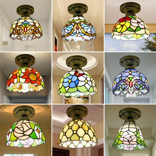 Dome Ceiling Light 1 Bulb Stained Glass Vintage Semi Flush Light Fixture for Corridor Clearhalo 'Ceiling Lights' 'Close To Ceiling Lights' 'Lighting' 2186423_aa22394a-c8f3-43ab-9f9f-af390f9bb121