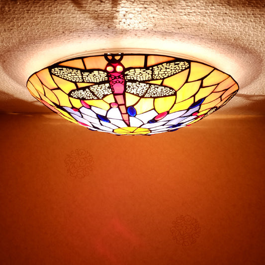 3 Bulbs Flush Mount Tiffany Style Dragonfly Pattern Handcrafted Glass Flushmount Ceiling Light Clearhalo 'Ceiling Lights' 'Close To Ceiling Lights' 'Close to ceiling' 'Flush mount' Lighting' 2186481