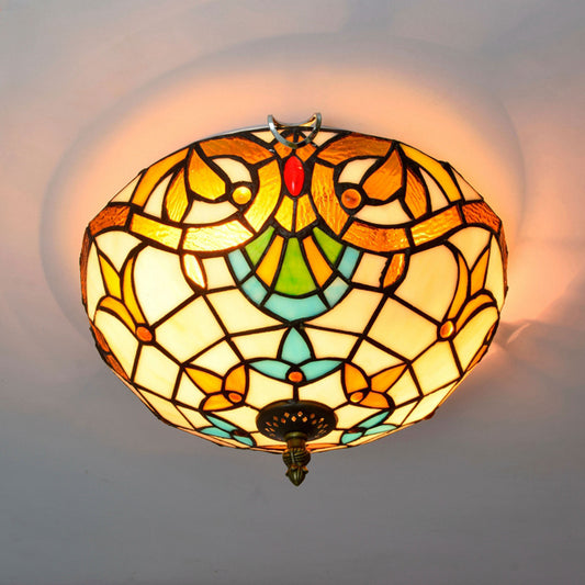 Traditional Bowl Shade Flush Ceiling Light Stained Art Glass Flush Mount Lighting Fixture Beige 12" Clearhalo 'Ceiling Lights' 'Close To Ceiling Lights' 'Close to ceiling' 'Flush mount' Lighting' 2186501