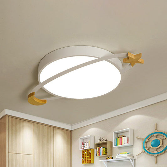 Planet Shaped Flush Light Nordic Metallic Bedroom LED Flush Ceiling Light Fixture with Wooden Moon and Star White Clearhalo 'Ceiling Lights' 'Close To Ceiling Lights' 'Close to ceiling' 'Flush mount' Lighting' 2186809