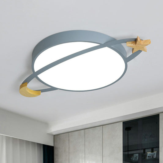 Planet Shaped Flush Light Nordic Metallic Bedroom LED Flush Ceiling Light Fixture with Wooden Moon and Star Grey Clearhalo 'Ceiling Lights' 'Close To Ceiling Lights' 'Close to ceiling' 'Flush mount' Lighting' 2186812