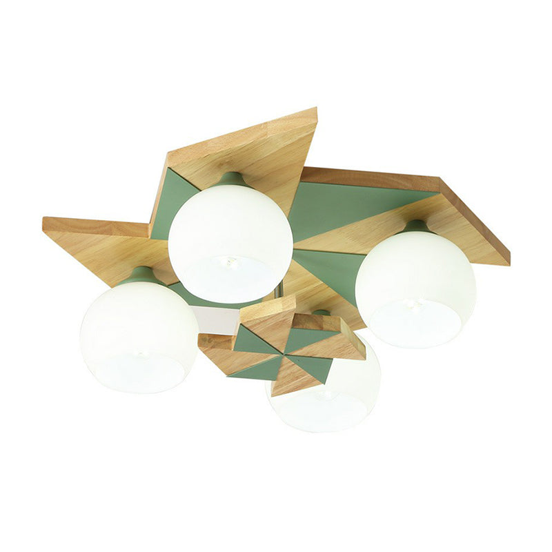 Windmill Kids Bedroom Flush Mount Light Wooden 4 Heads Nordic Flush Mount Fixture with Sphere Opal Glass Shade Clearhalo 'Ceiling Lights' 'Close To Ceiling Lights' 'Close to ceiling' 'Flush mount' Lighting' 2187038