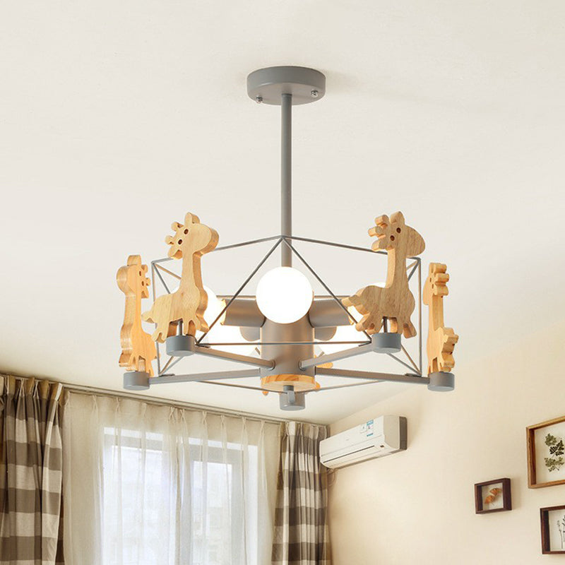 Macaron Caged Suspension Light Metallic 6 Heads Kids Bedroom Chandelier Light with Wooden Deer Decor Clearhalo 'Ceiling Lights' 'Chandeliers' Lighting' options 2187084